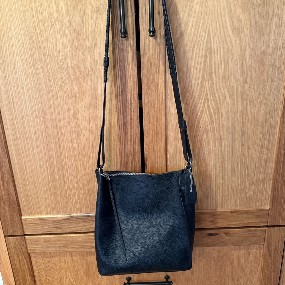 All Saints Black Leather Crossbody Bag, Purse